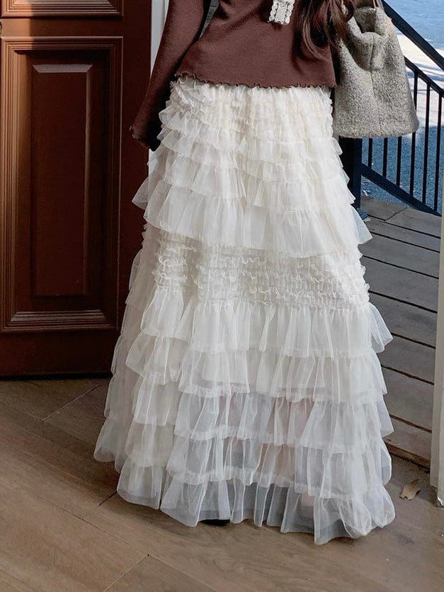 Creamy Layered Mesh Long Skirt