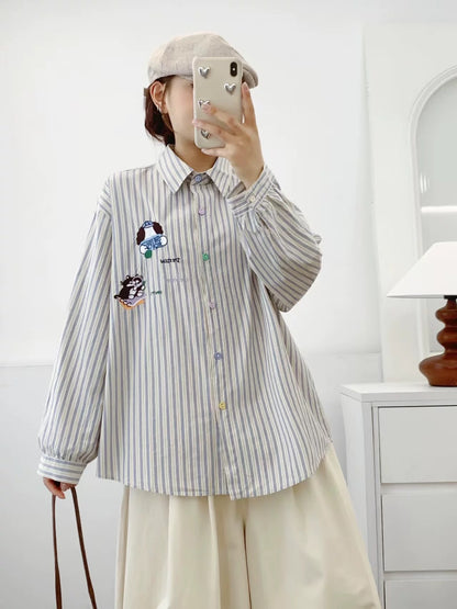 Color Button Stripe Long Sleeve Shirt