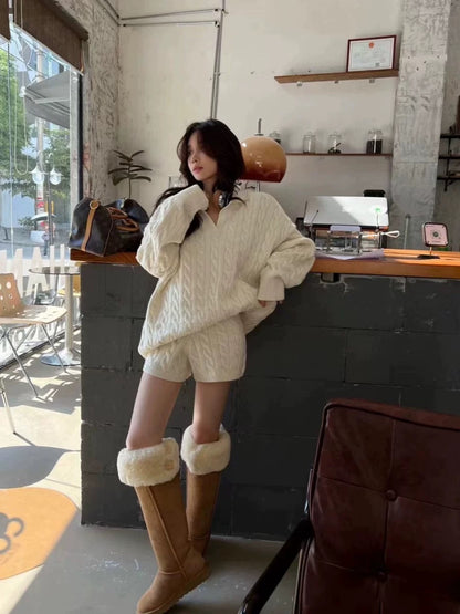 Cream Knitted Top + Shorts Two Piece Set