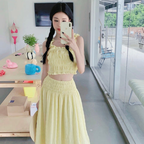 Pastel Yellow Top + Long Skirt Two Pieces Set
