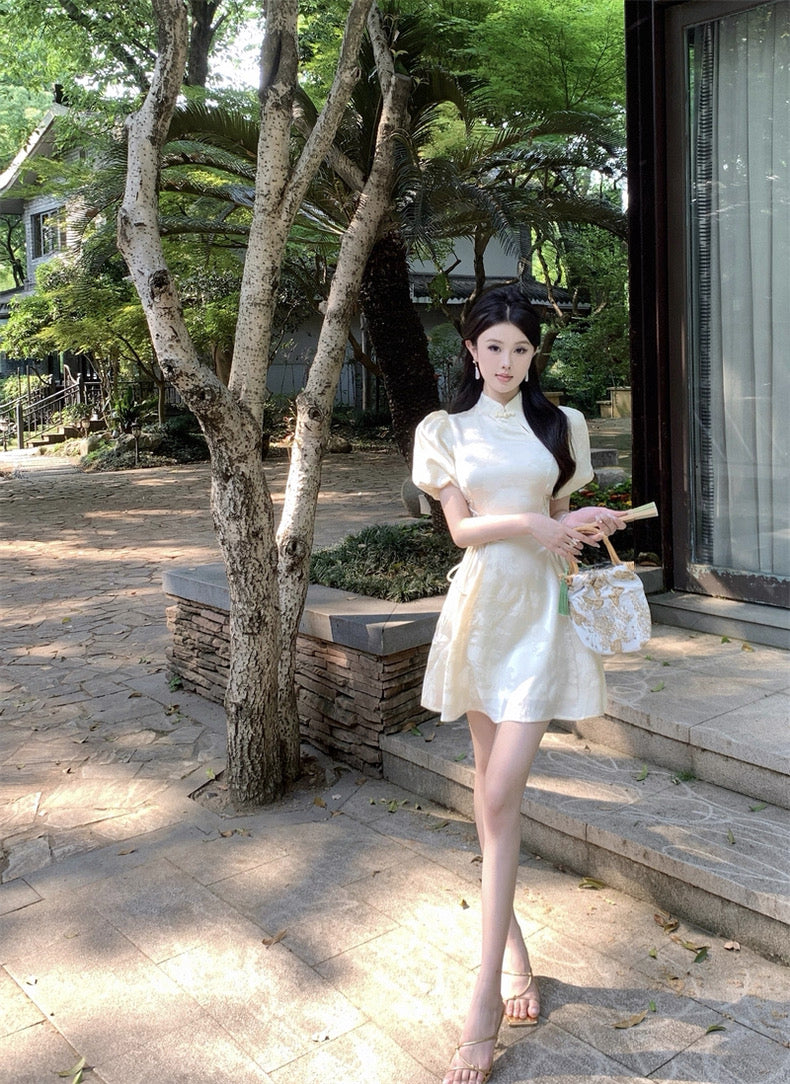 Puff Sleeve Cream Cheongsam CD005 Short Dress (S, M)