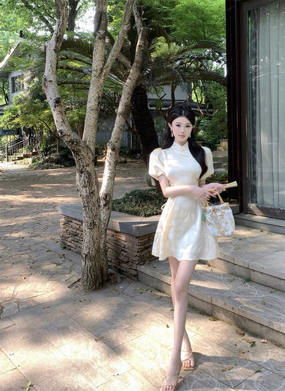 Puff Sleeve Cream Cheongsam CD005 Short Dress (S, M)