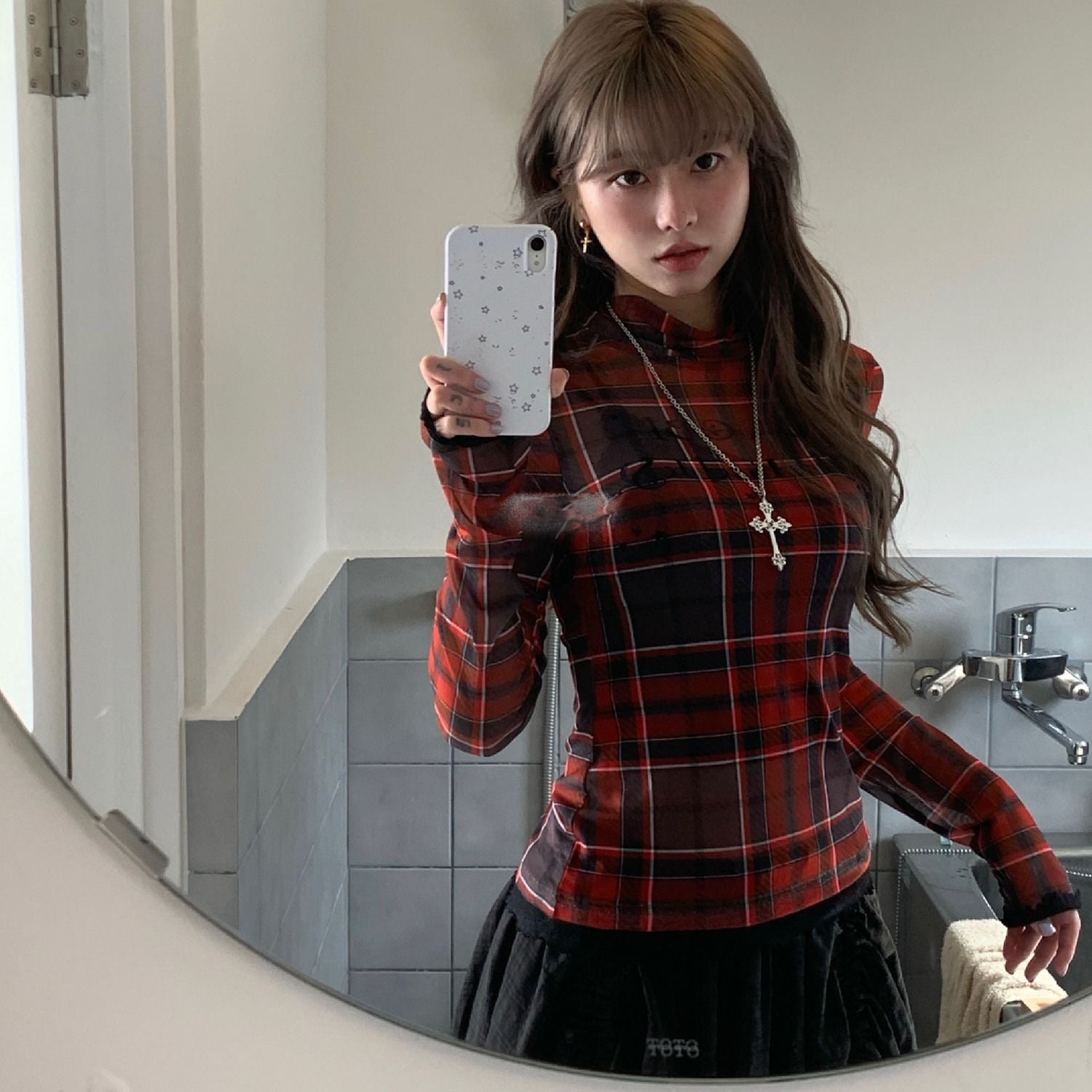 Mesh Grid Red Long Sleeve Top