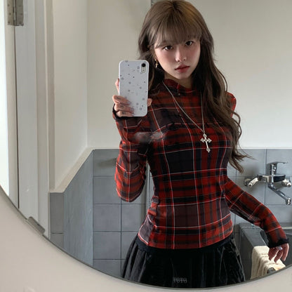 Mesh Grid Red Long Sleeve Top