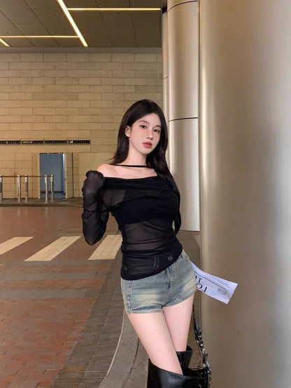Mesh Off Side Shoulder Long Sleeve Top with tube