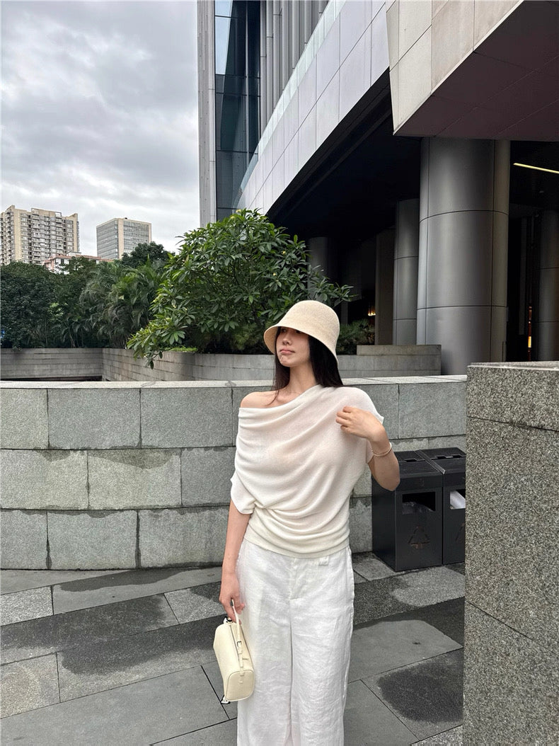 Off Shoulder Collar Top (Beige, Blue)