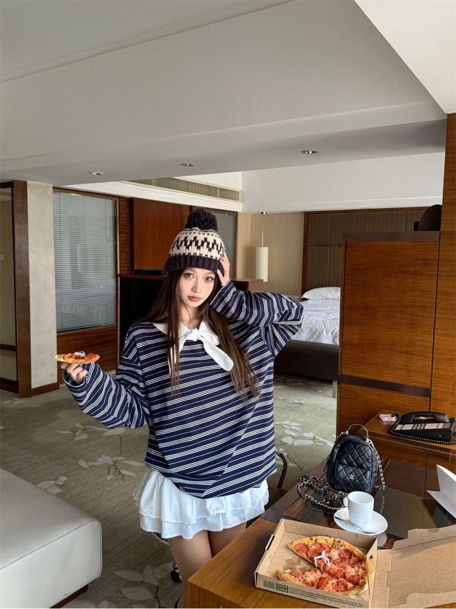 White Collar Stripe Navy Long Sleeve Top