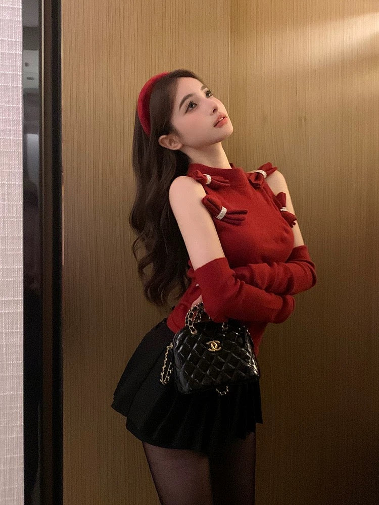 Bows Knitted Red Top With Sleeve