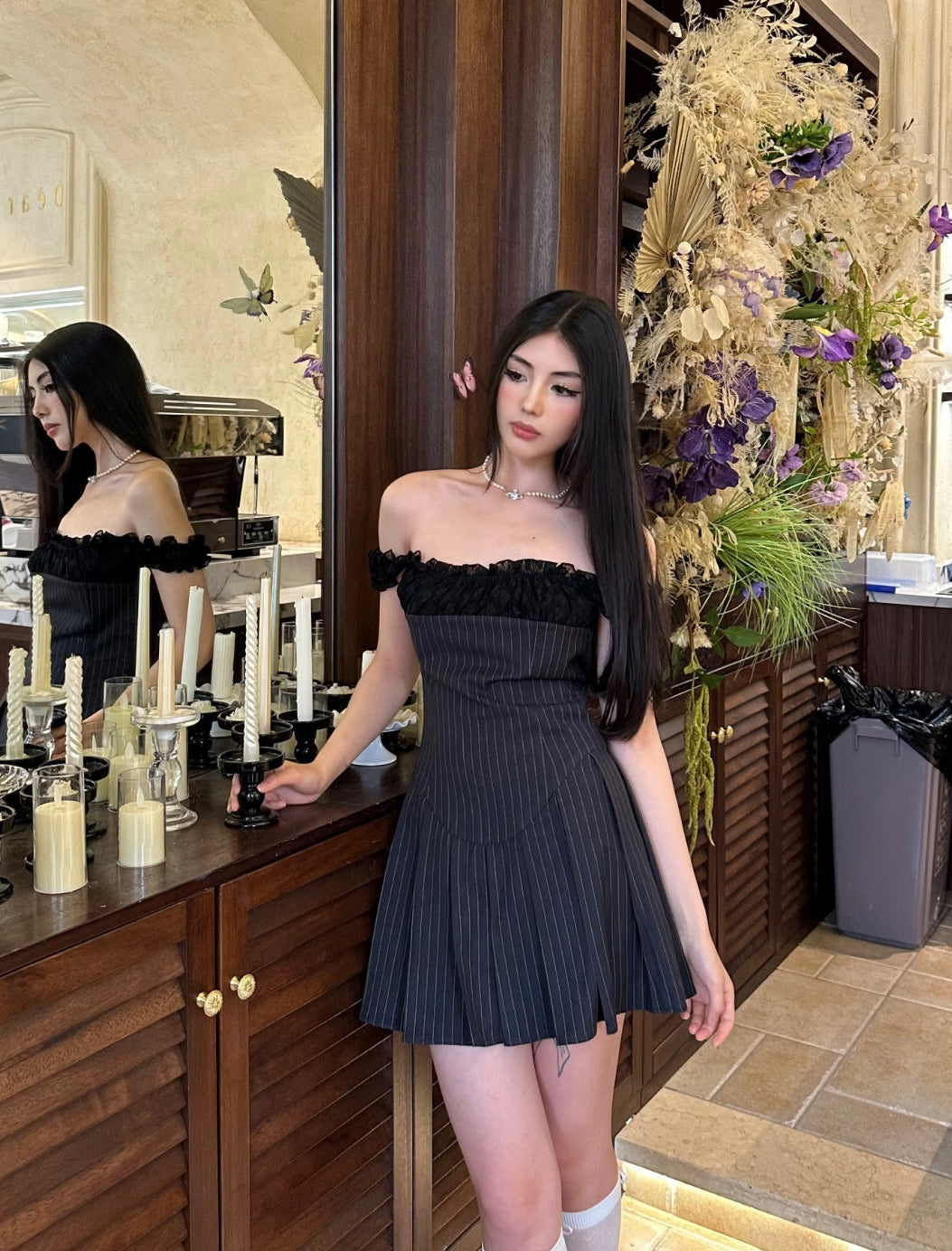 Limited Navy Stripe Off Shoulder Dress