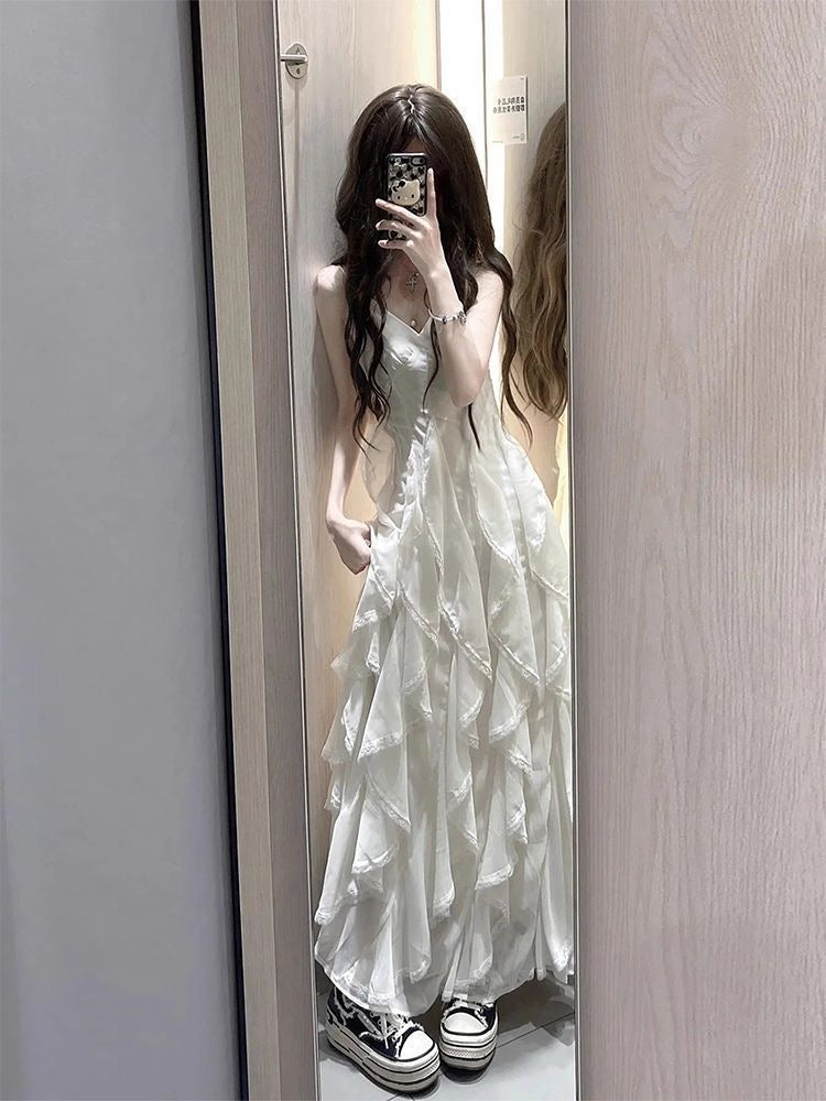 White Ruffles Bottom Strap Dress