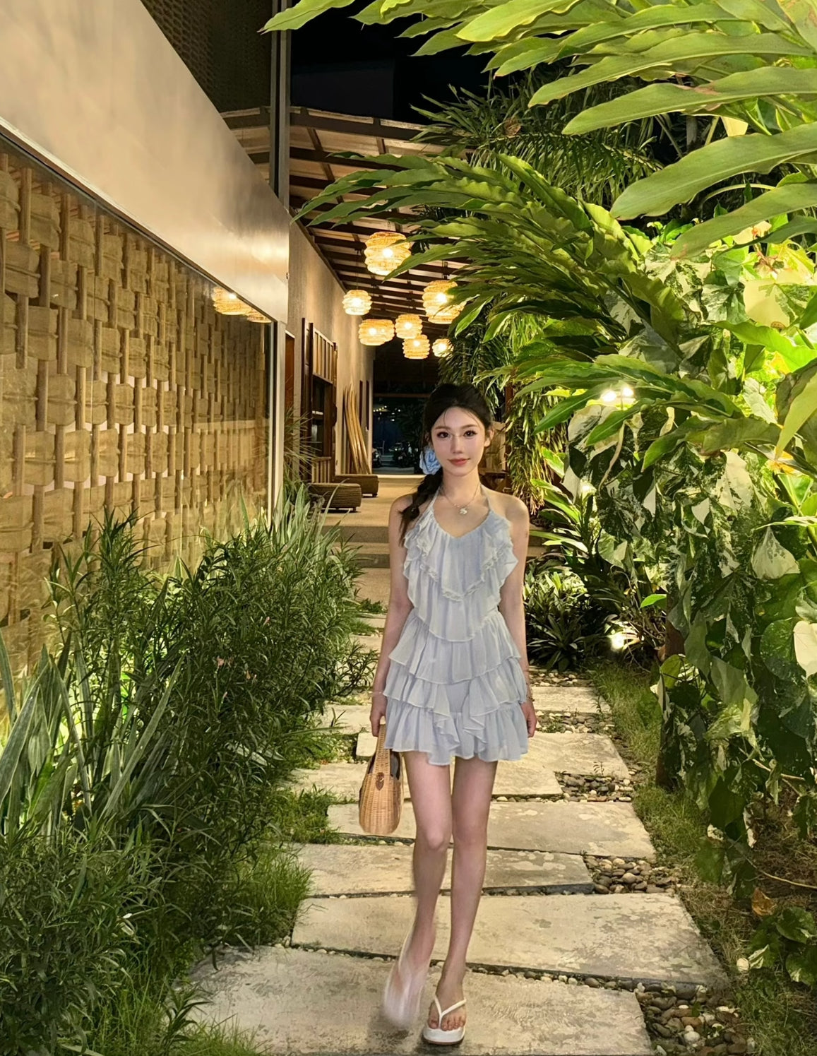 Beige/Blue Bareback Layered Dress