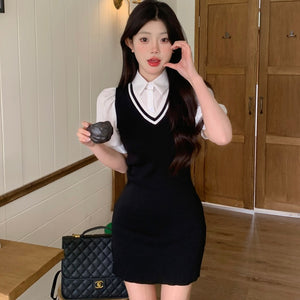 Uni Puff Sleeve White Collar Black Dress