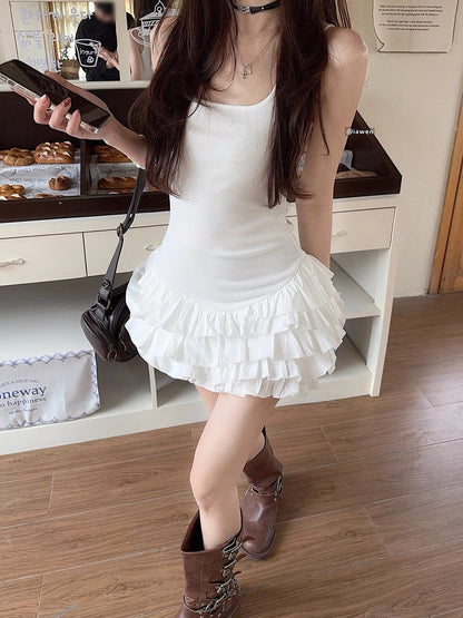 Sleeveless Cakey Bottom Dress (White, Black) S