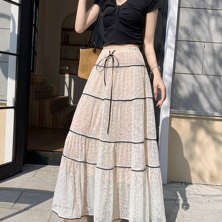 White Laces Black Ribbon Long Skirt SK31