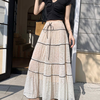 White Laces Black Ribbon Long Skirt SK31