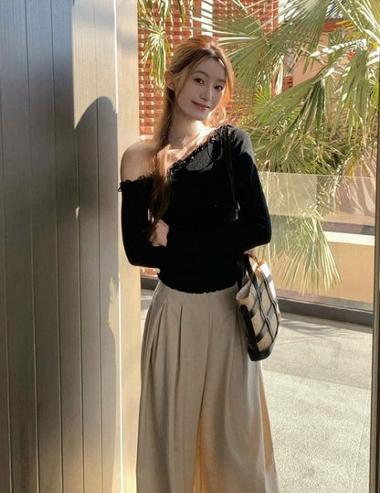 Off Side Shoulder Long Sleeve Top