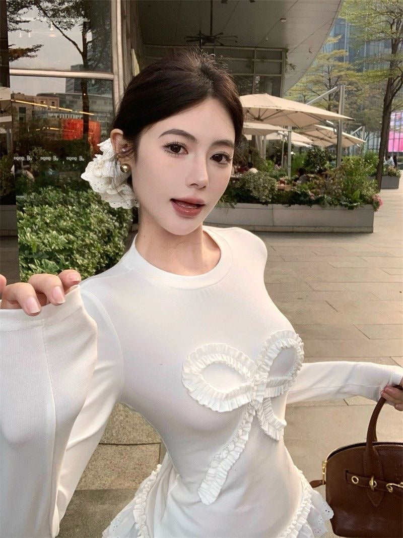 White Ribbon Long Sleeve Knitted Top
