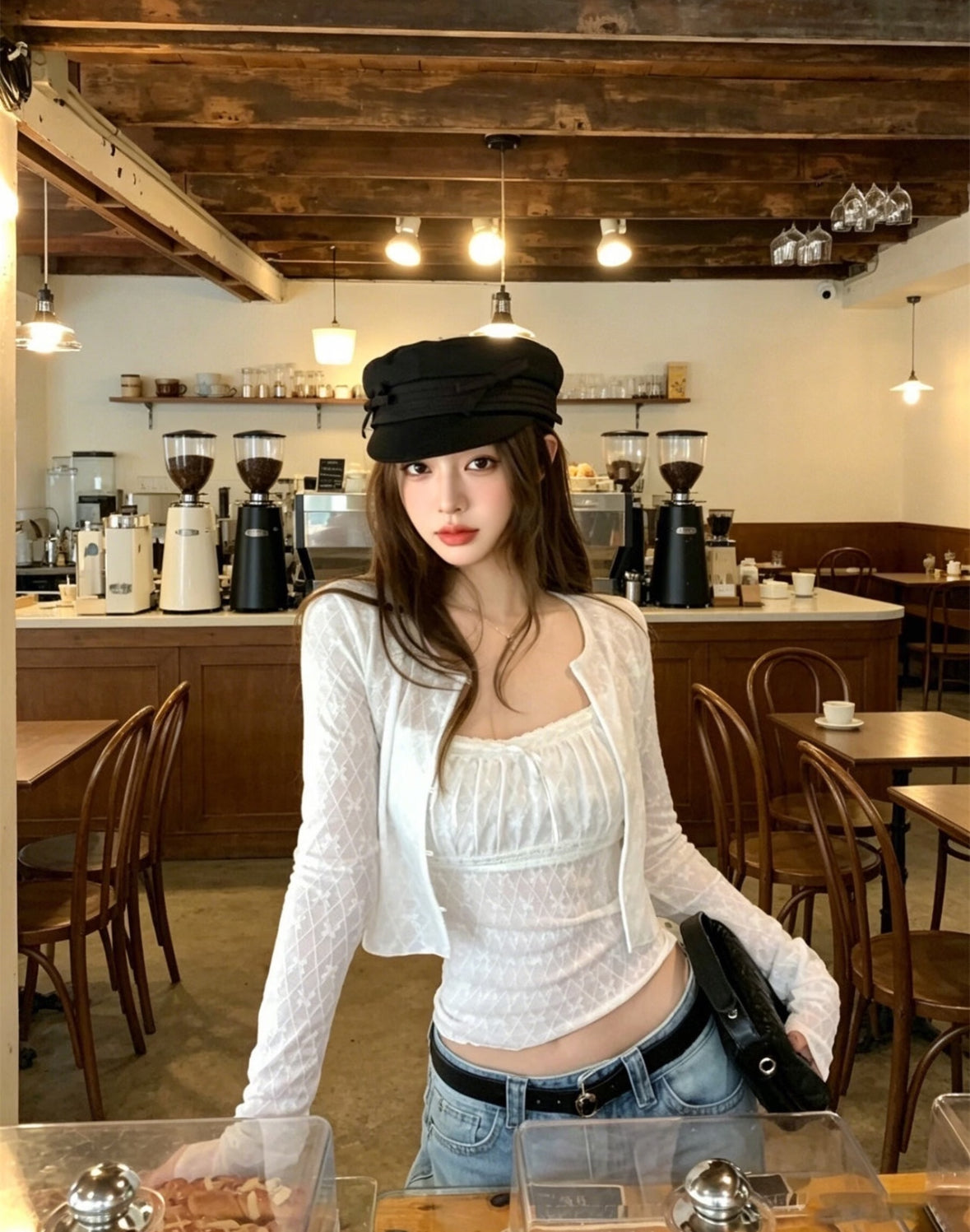 White Bows Top + Crop Cardigan Two Piece Set