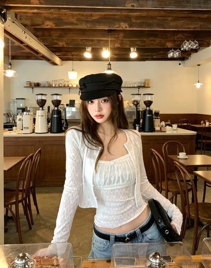 White Bows Top + Crop Cardigan Two Piece Set
