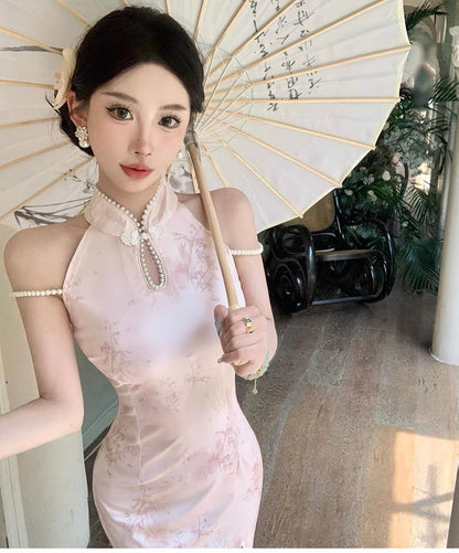 Pearl Strap Pink Cheongsam CD002 Long Dress (S)