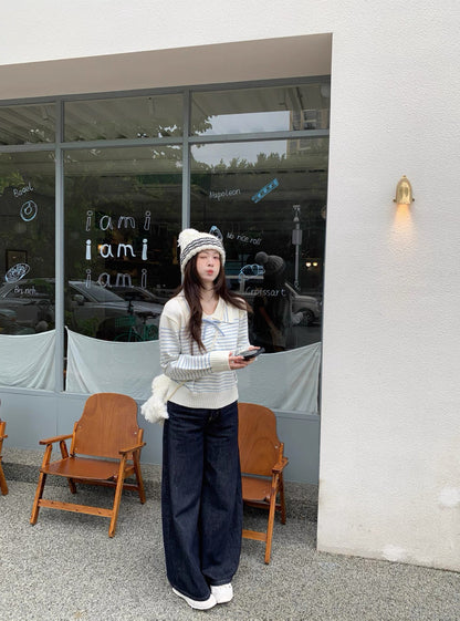 Stripe Long Sleeve Knitted Top (Red, Blue)