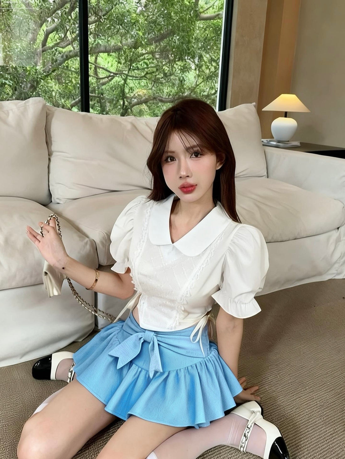 Waist Ribbon Puff Sleeve White Top