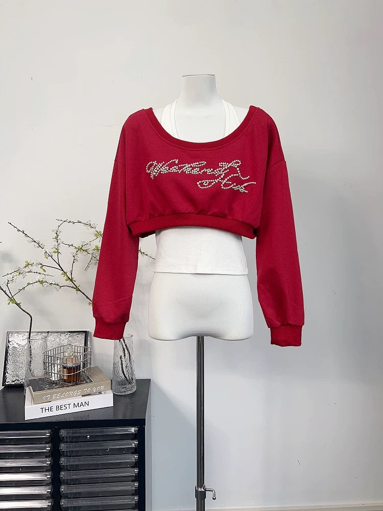 Wine Red Long Sleeve Crop Top+White Inner Top