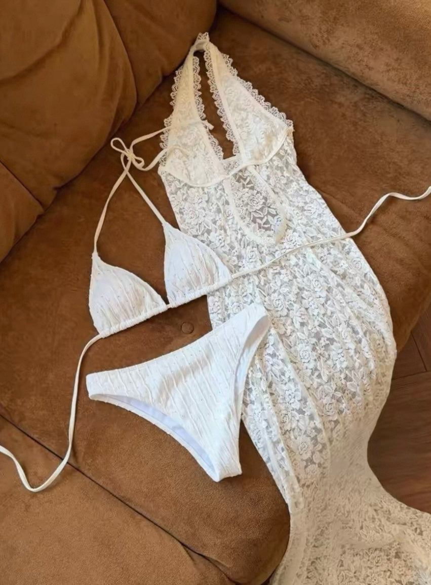 White Bikini BK16 Laces Dress Three Piece Set