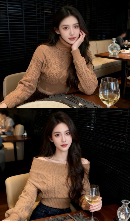 Multi Wear Off Shoulder Long Sleeve Crop Knitted Top With Collar