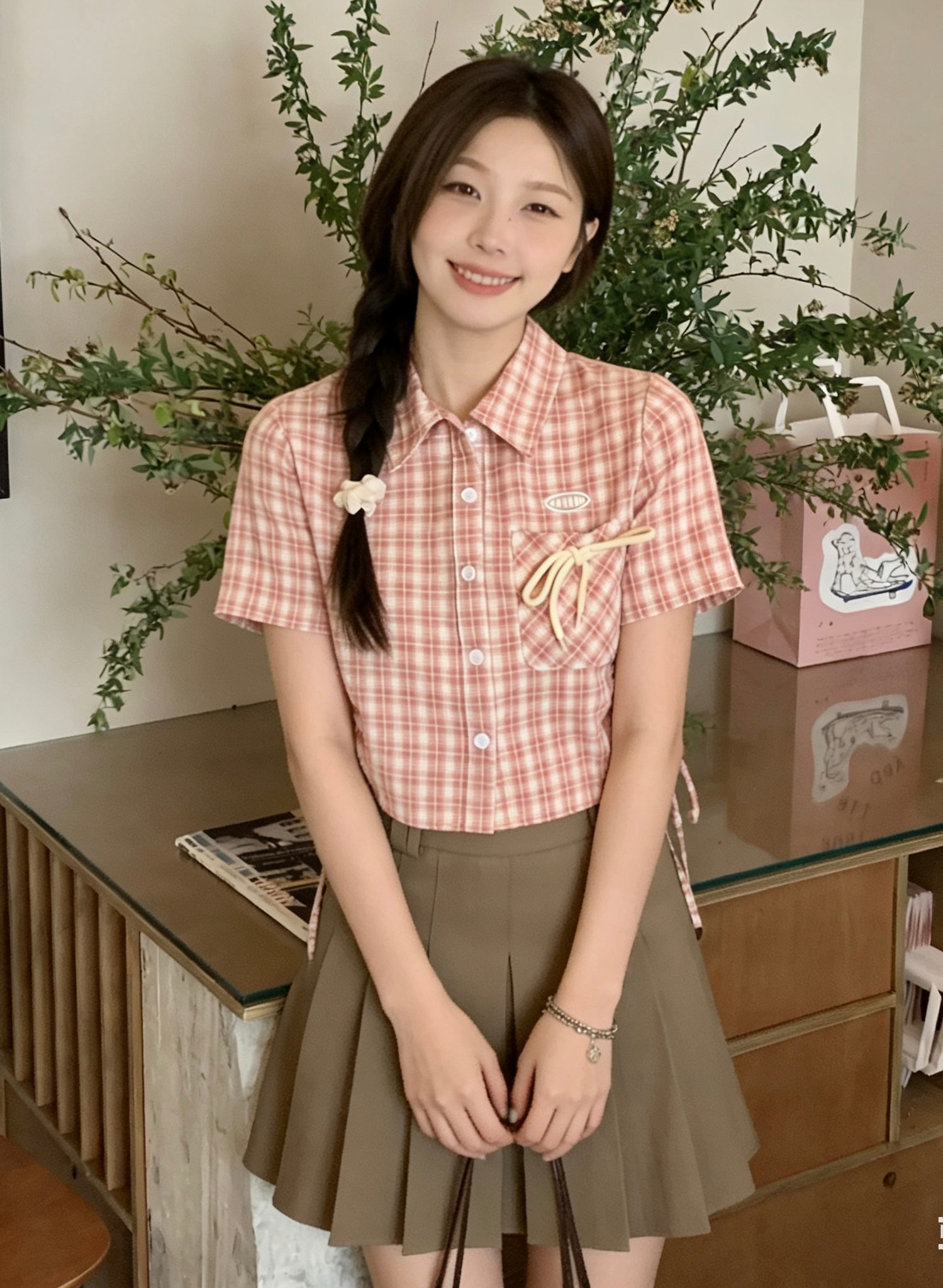 Ribbon Pocket Pink Shirt Top
