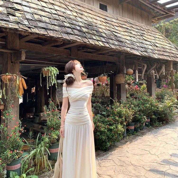 Cream Off Shoulder Top + Long Skirt Two Pieces Set