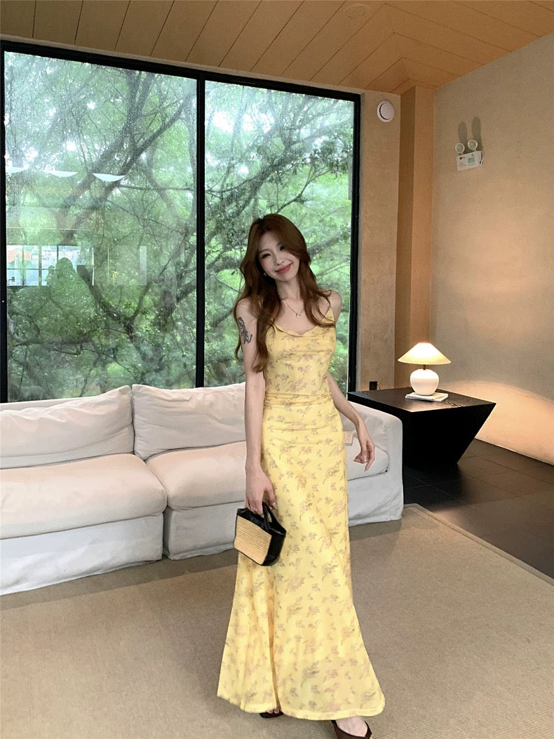 Mini Floral Yellow Mesh Maxi Dress