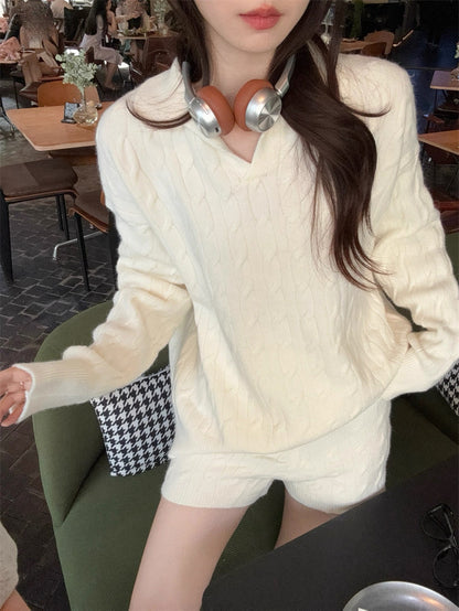 Cream Knitted Top + Shorts Two Piece Set