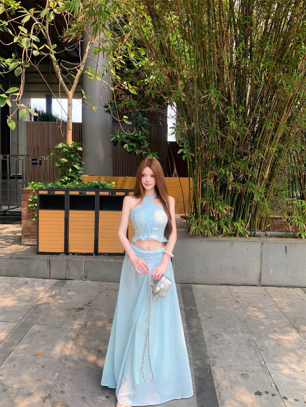 Embroidery Chiffon Two Piece Set (Blue, Beige)