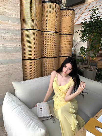 Side Flare Strap Mix Lace Long Dress (Yellow, Black)