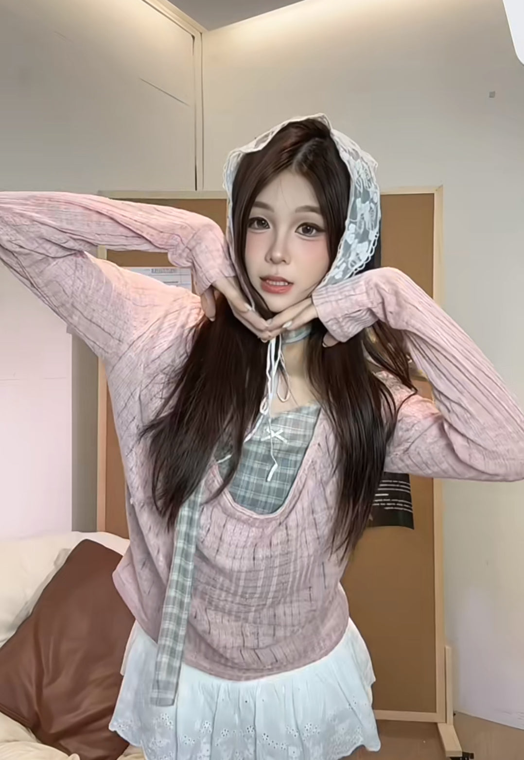 Pink Long Sleeve Knitted Top With Strap