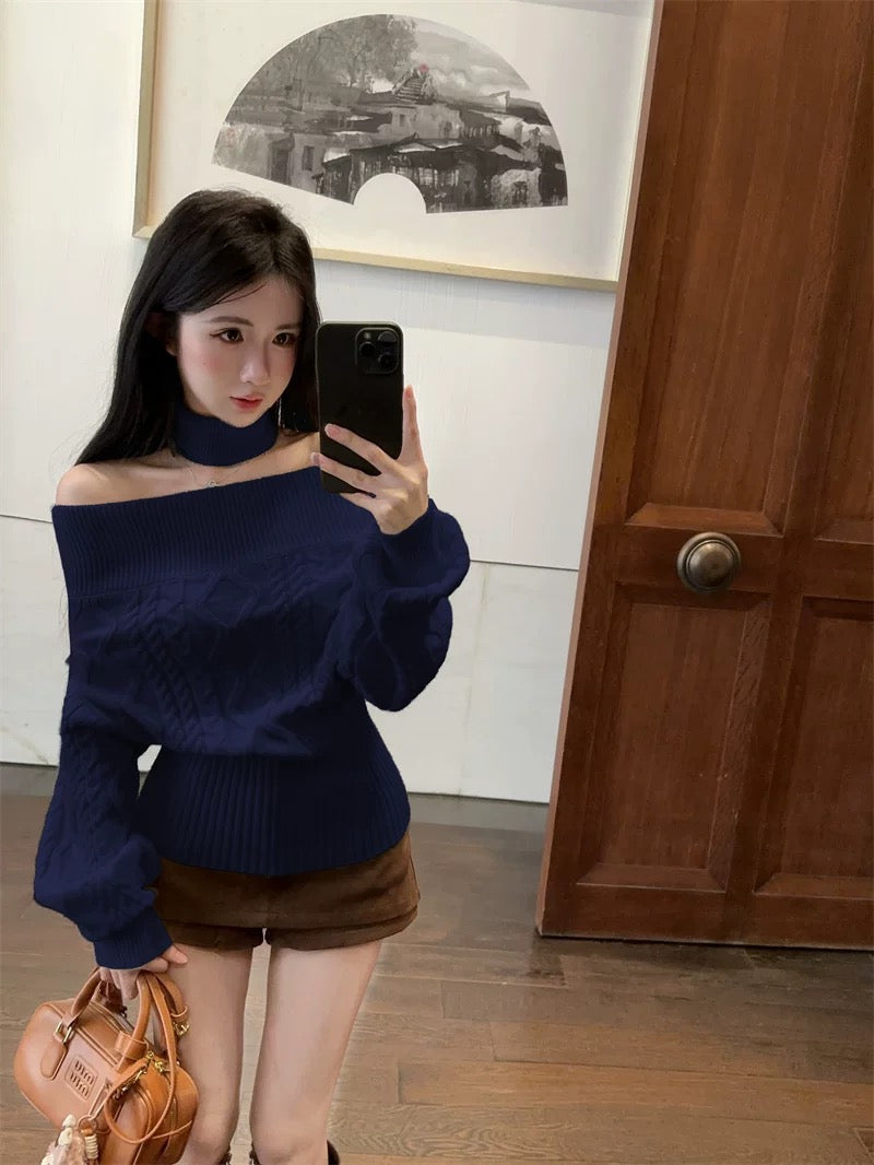 Multi Wear Off Shoulder Long Sleeve Crop Knitted Top With Collar