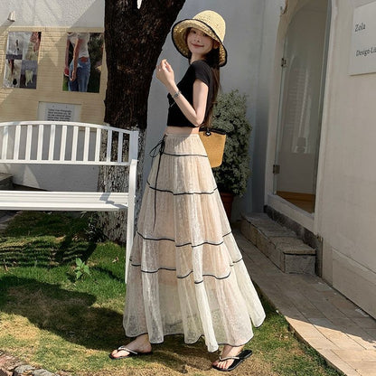 White Laces Black Ribbon Long Skirt SK31