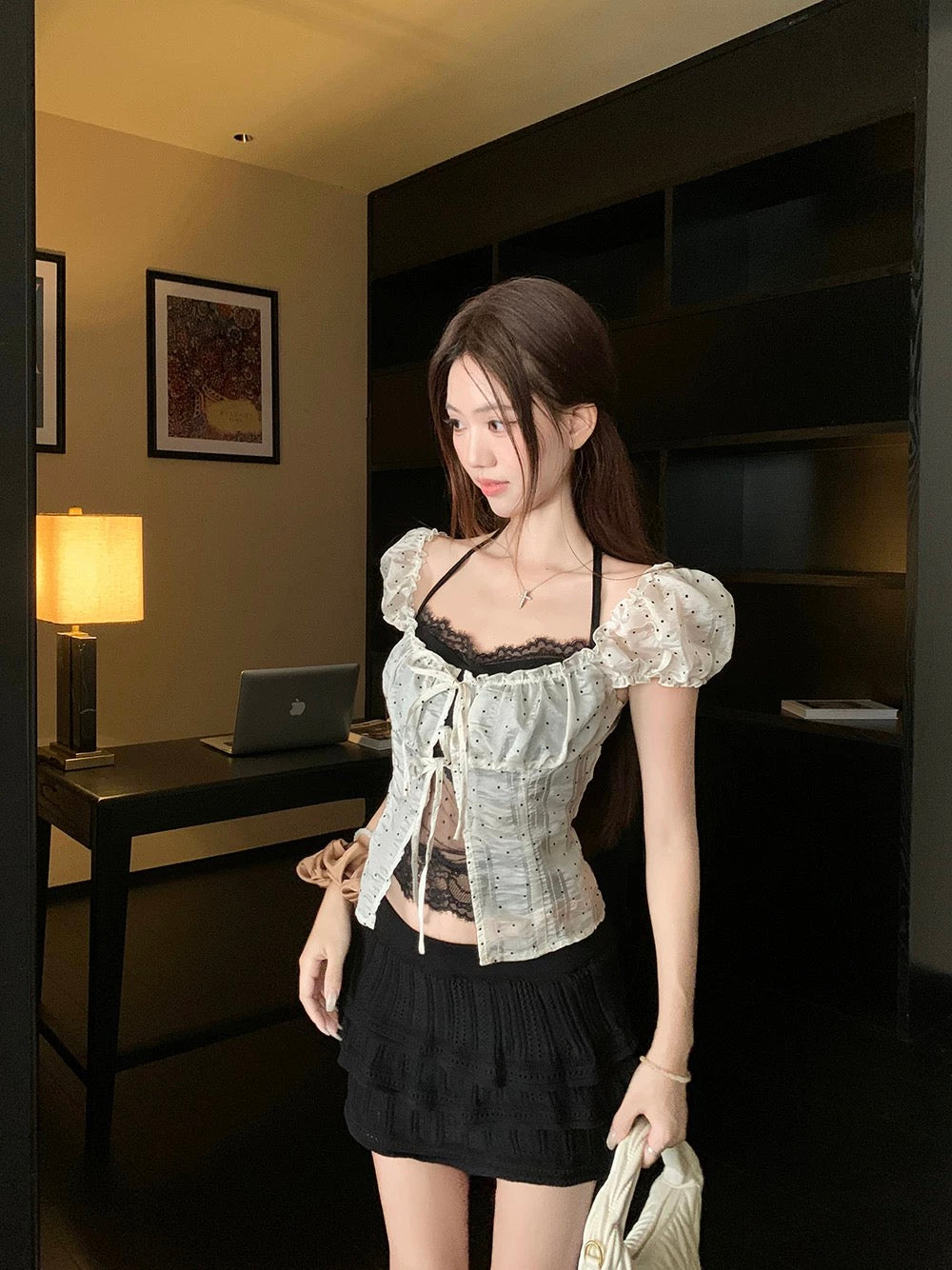 Black Inner Top + Cream Mesh Top Set