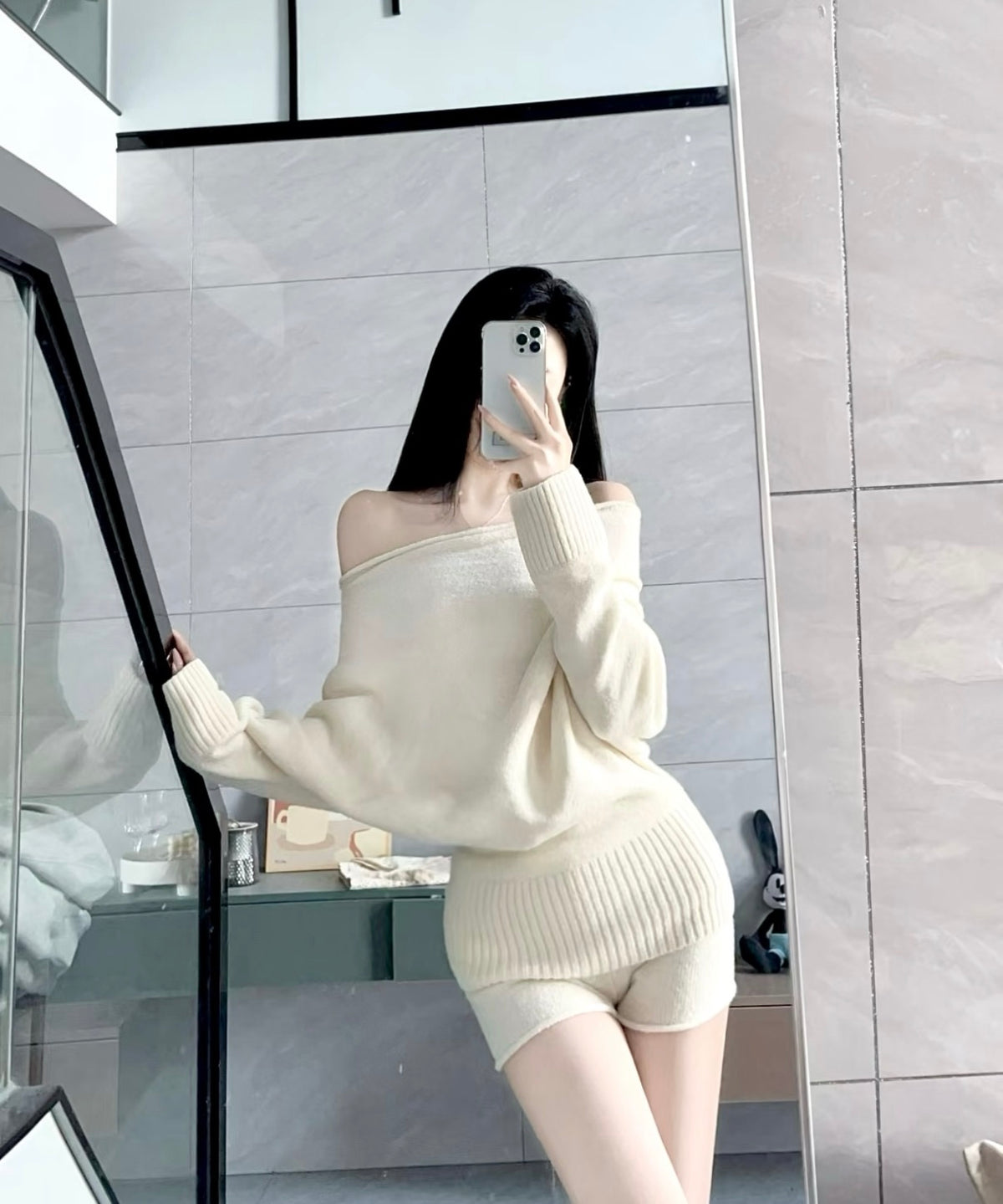 Cream Knitted Top + Shorts Two Piece Set