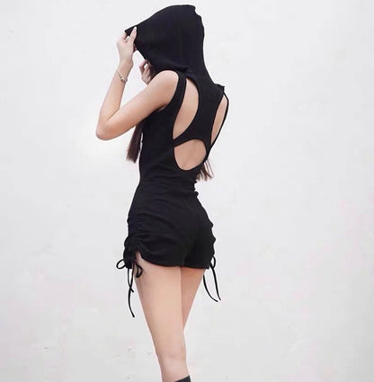 Sleevless Hat Romper (Black,Grey)