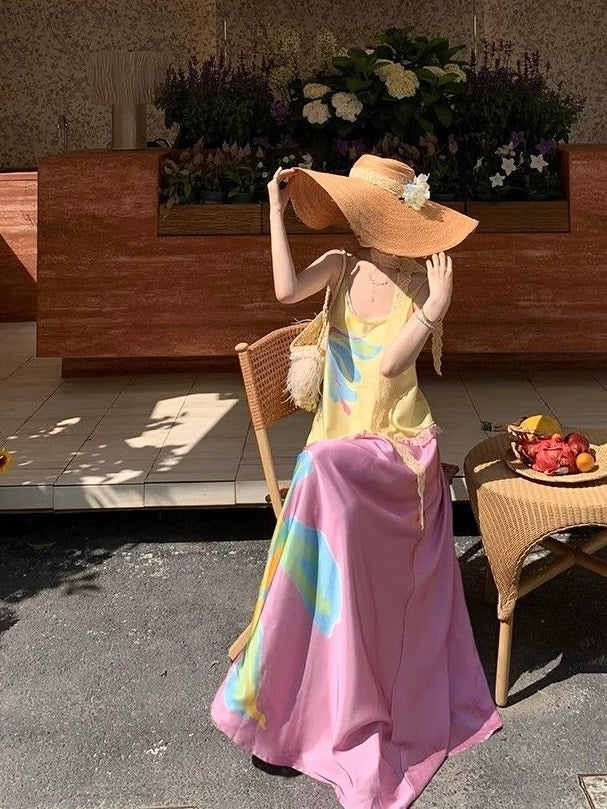 Yellow Pink Strap Long Dress