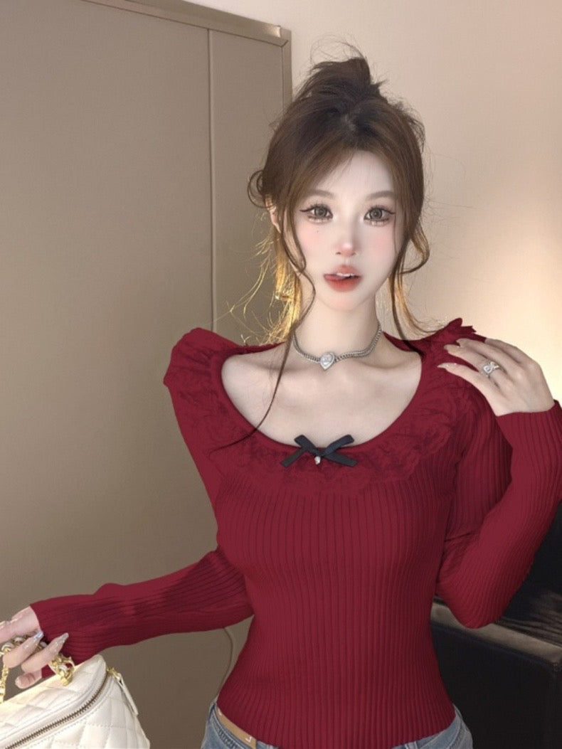 Red Knitted Long Sleeve Top