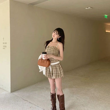 Khaki Grid Top + Skort Two Piece Set