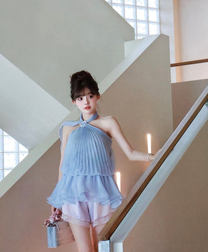 Chiffon Blue Pleated Dress