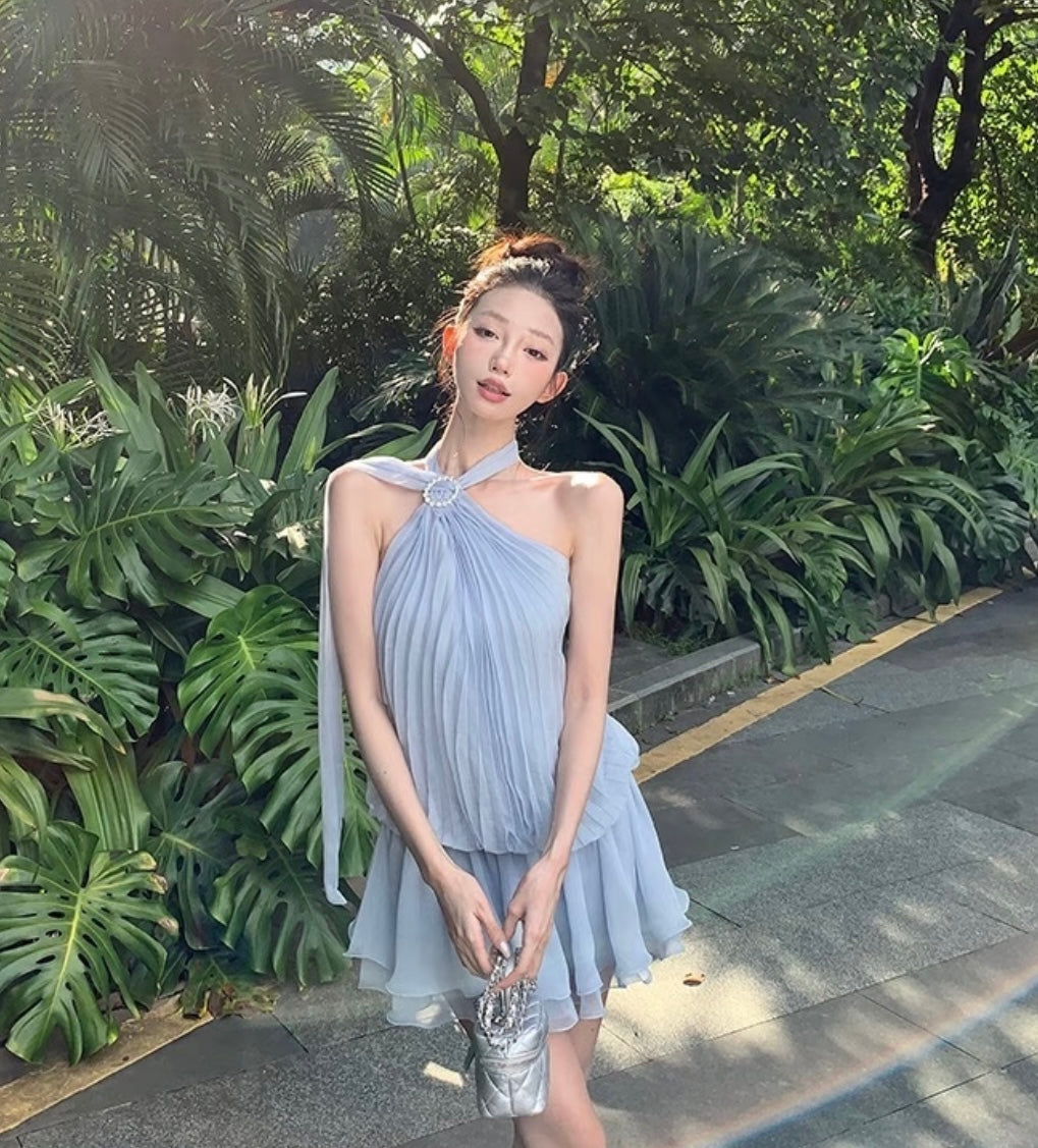 Chiffon Blue Pleated Dress