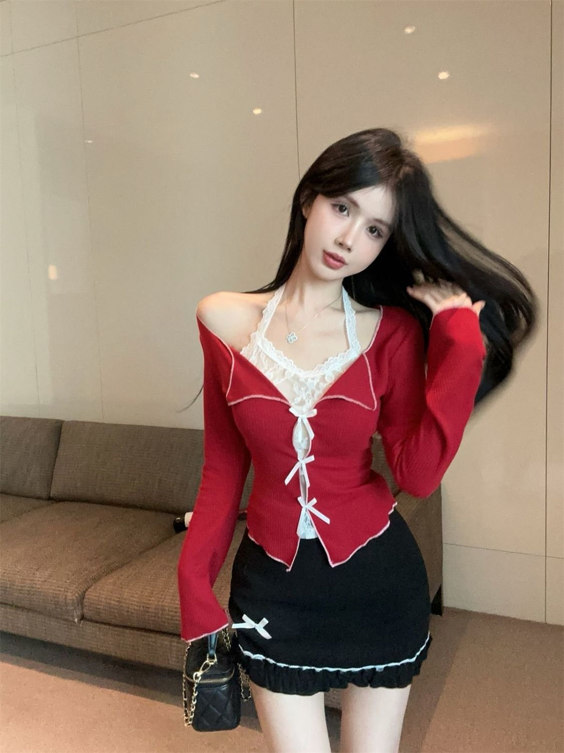 Mix White Laces Red Long Sleeve Top