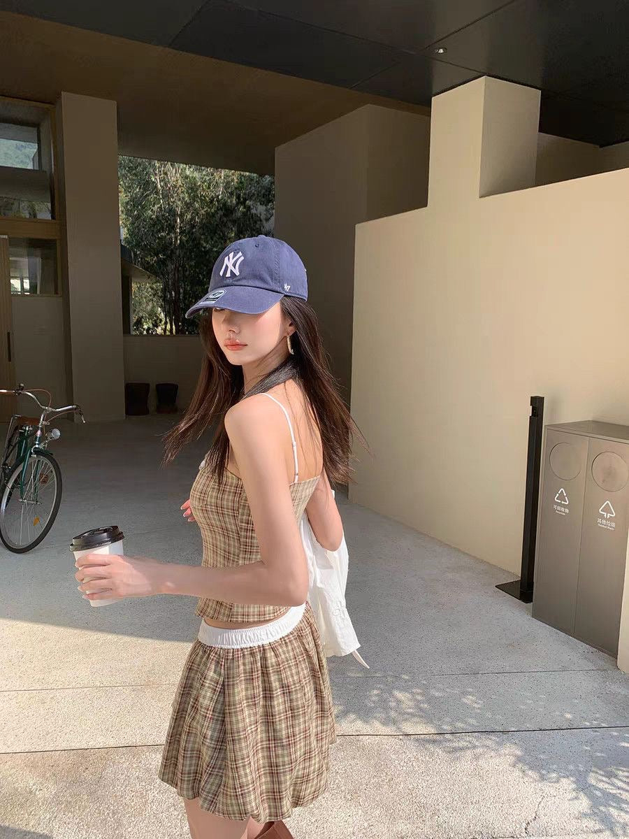Khaki Grid Top + Skort Two Piece Set
