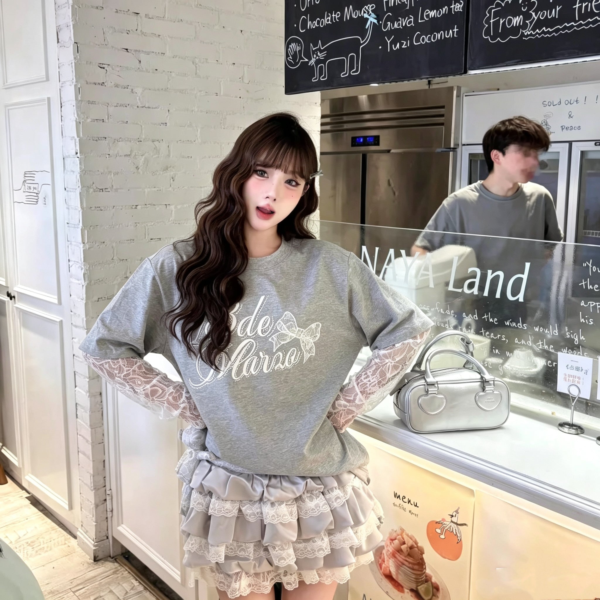 Grey Mix Lace Sleeve T Shirt Top
