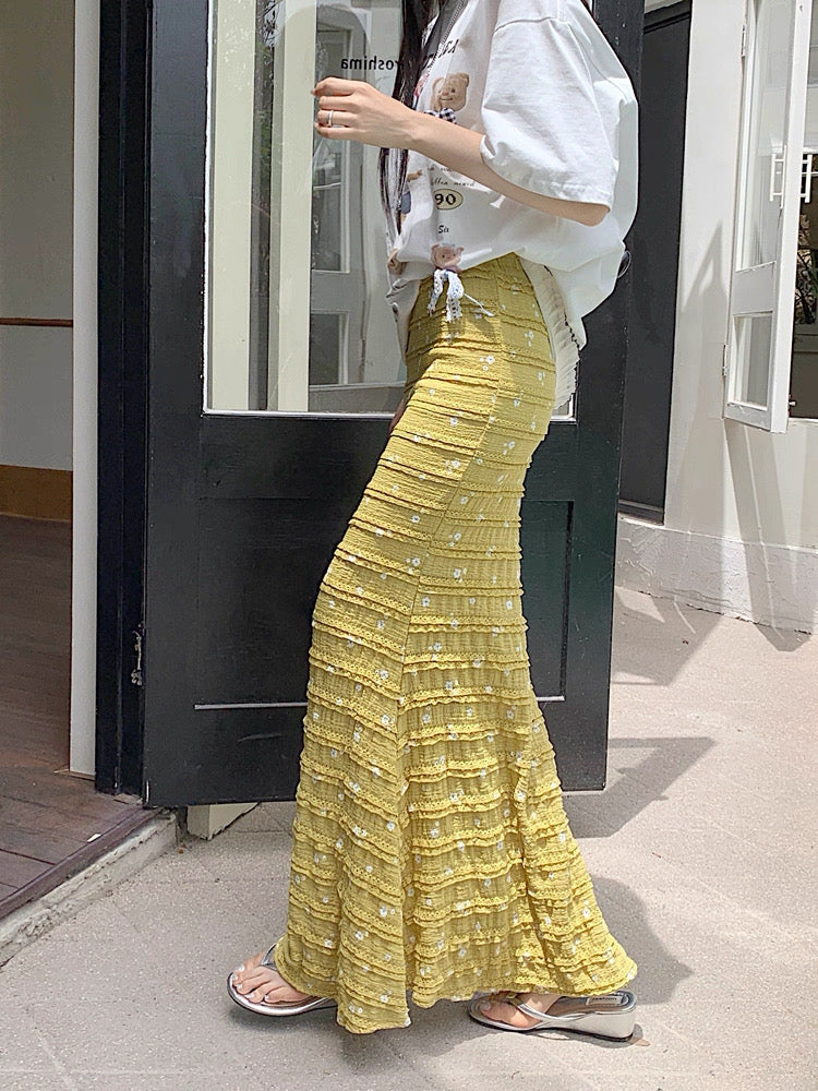 White Mini Flower Long Skirt (Blue, Yellow)